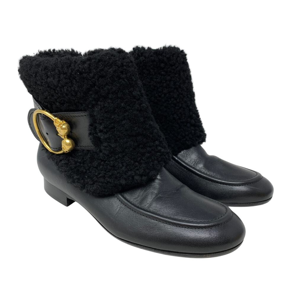 Alexander McQueen Leather Shearling Ankle Boots Womens Sz 38 US 8 Gold Buckles